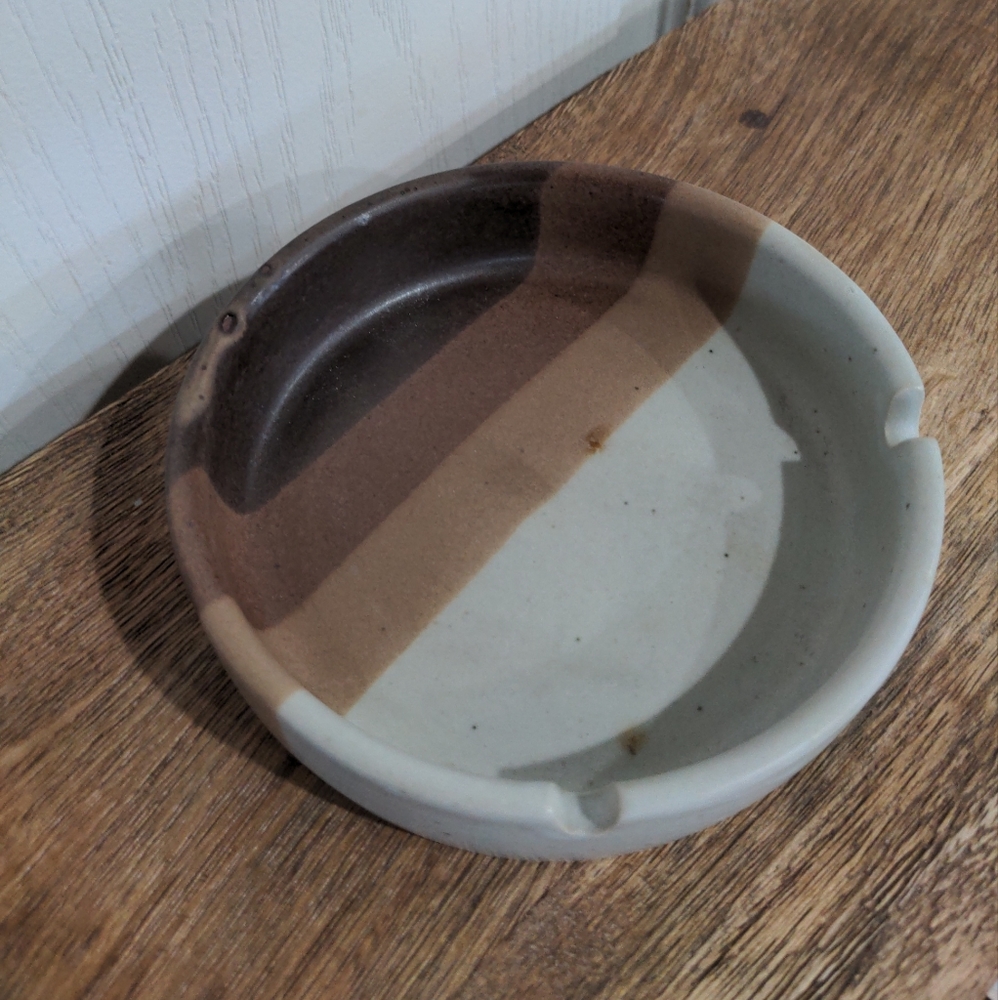 Vintage MCM Ashtray Pottery From Early 1970's Brown & Grey Stripes
